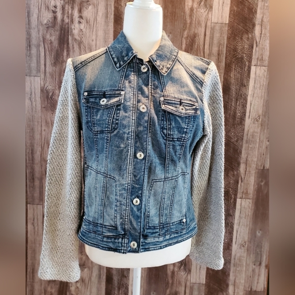 Womens pre-loved Denim Jacket with Knit Sleeves